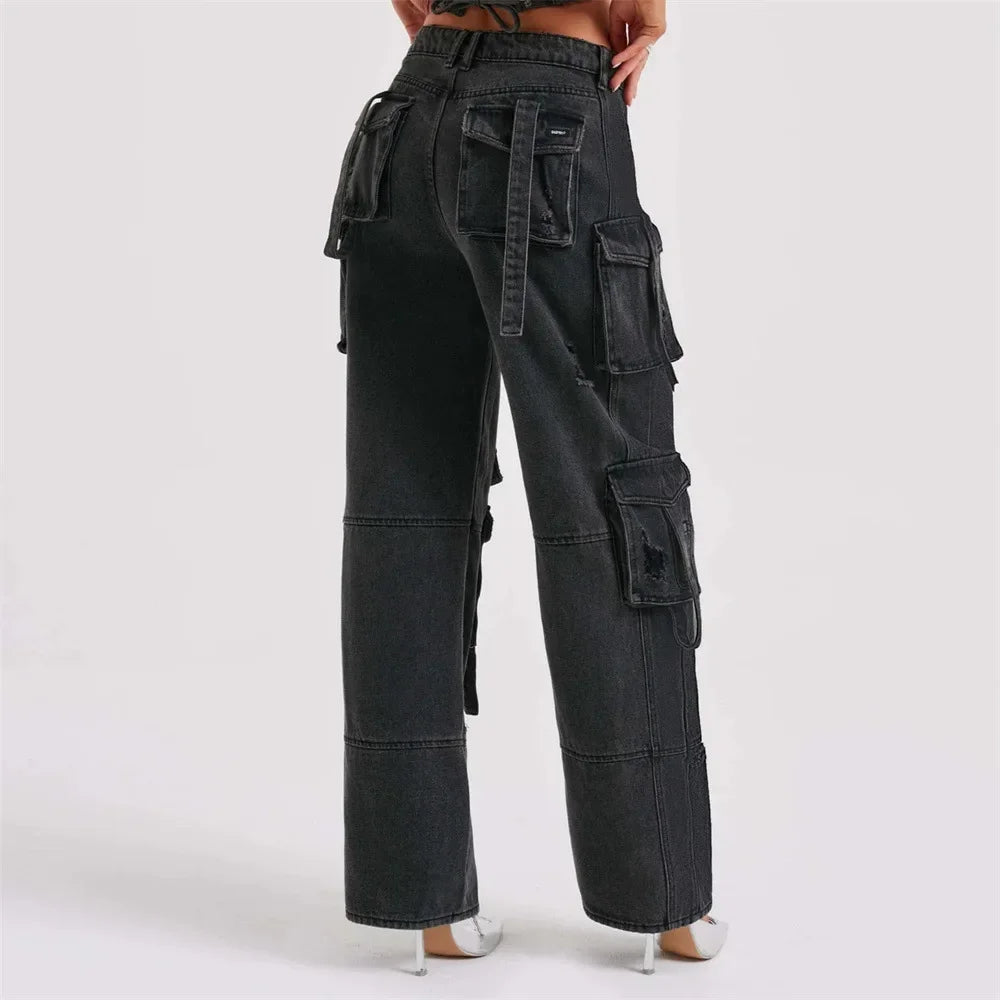 Fashion Multi-pocket Jeans for Women Cargo Pants Women High Waist Butt Lifter Loose Straight-leg Pants Tight Stretch