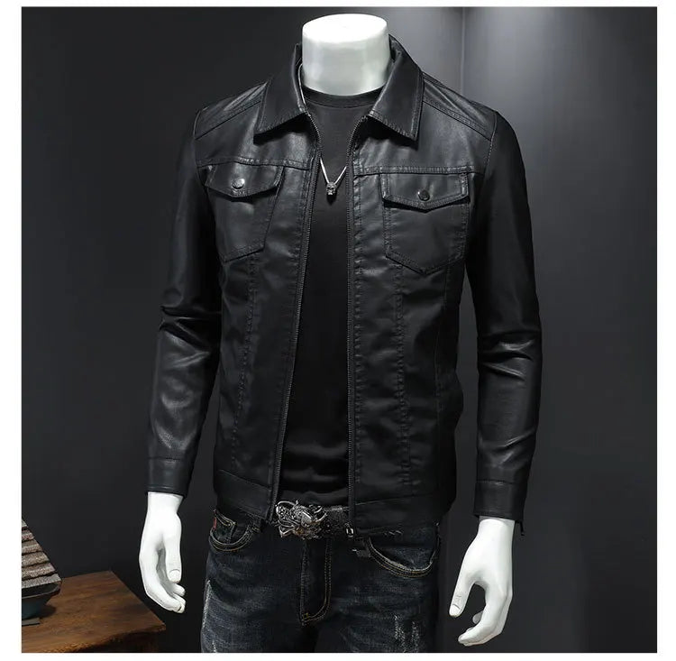 Men's Motorcycle Leather Jacket Large Size Pocket Black Zipper Lapel Korean Slim Fit Male High Quality PU Leather Coat for Men