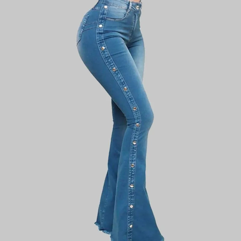 High Waist Flare Elegant Wide Leg Women Jeans Pant Long Pants Hollow Out Blue Elegant