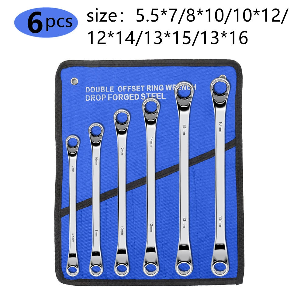 Offset Box End Wrench Set, Carbon Steel Metric 45-Degree,Long Double Ring Wrench Spanners with Rolling Pouch