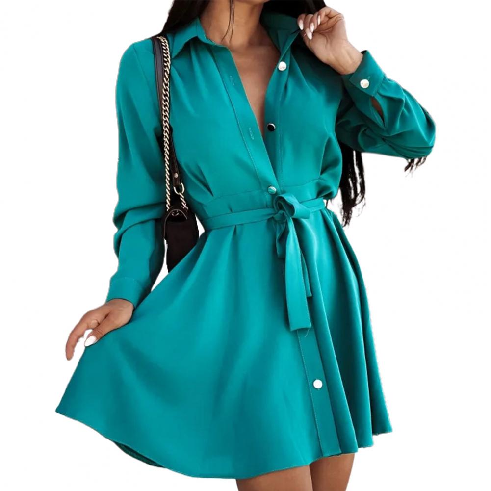 Elegant White Mini Shirt Dress Woman Autumn Long Sleeve Office Ladies Dresses Belt Casual Black Button Lace Up A-line Robe Femme