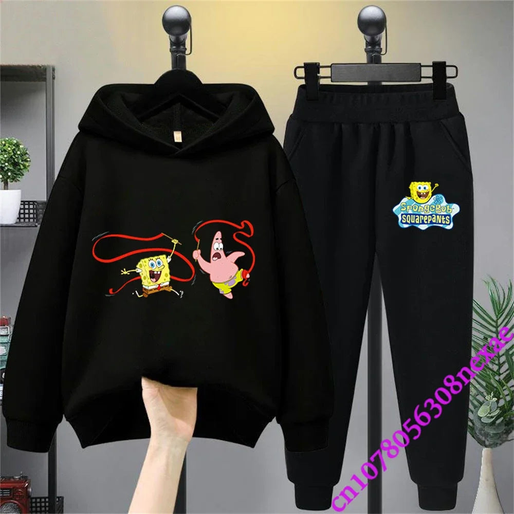 SpongeBob Spring And Autumn Children's Clothing Boys And Girls Sweater Suit 2 Pieces Cartoon Print Sweater Sportswear Trousers