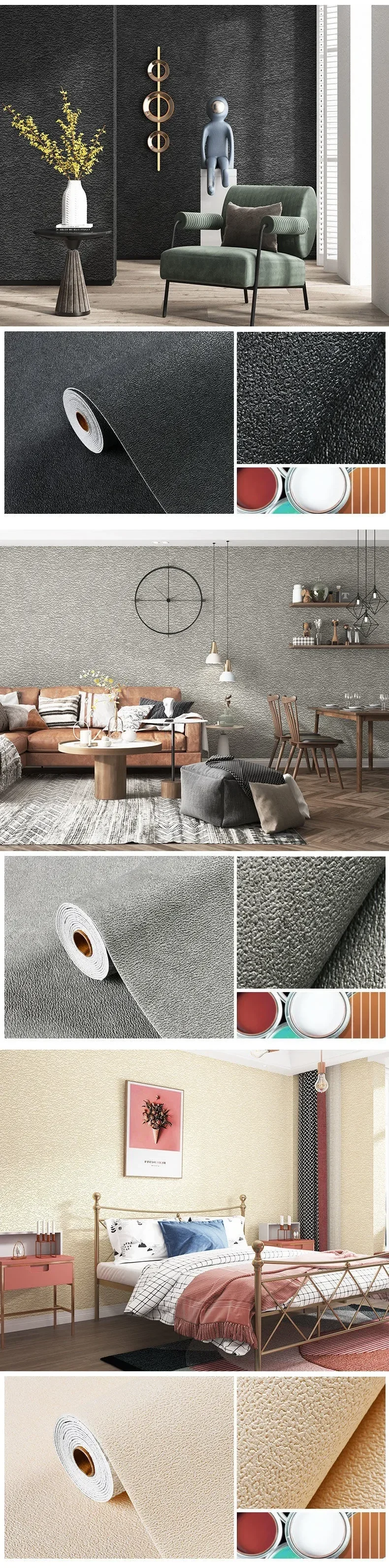 Linen 3D Foam Self-adhesive PVC Solid Color Thickened Waterproof Background Wall Renovation Wallpaper Wall Stickers Home Decor