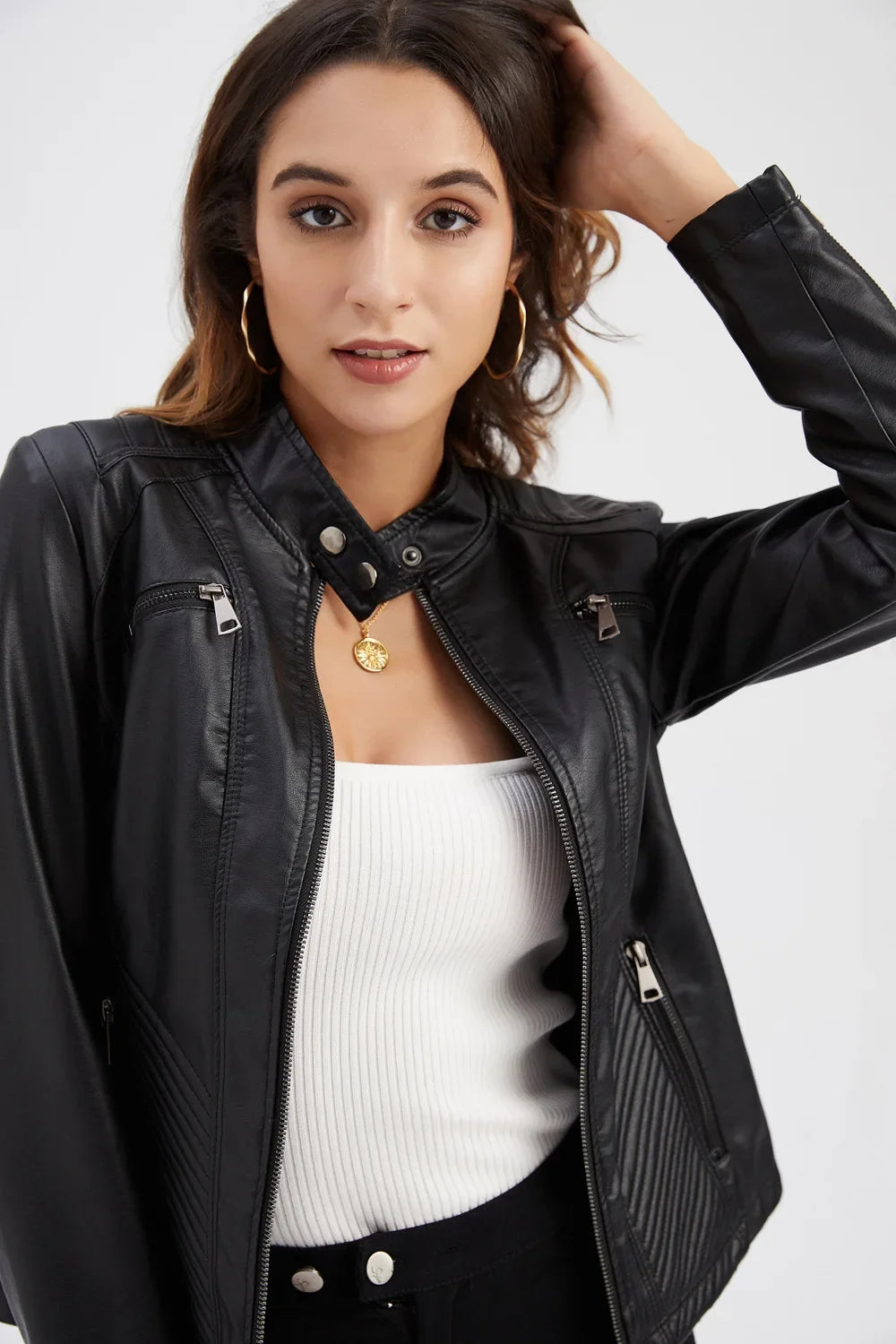 Women's Coat Fashion Trend Simple Analog Collar Zipper PU Leather Motorcycle Jacket for Women