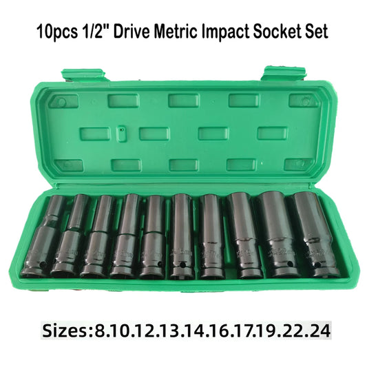 10pcs 1/2" Drive Metric Impact Socket Set Universal Socket Metric Drive Deep Socket Set Wrench for Air Pneumatic Repair Tools