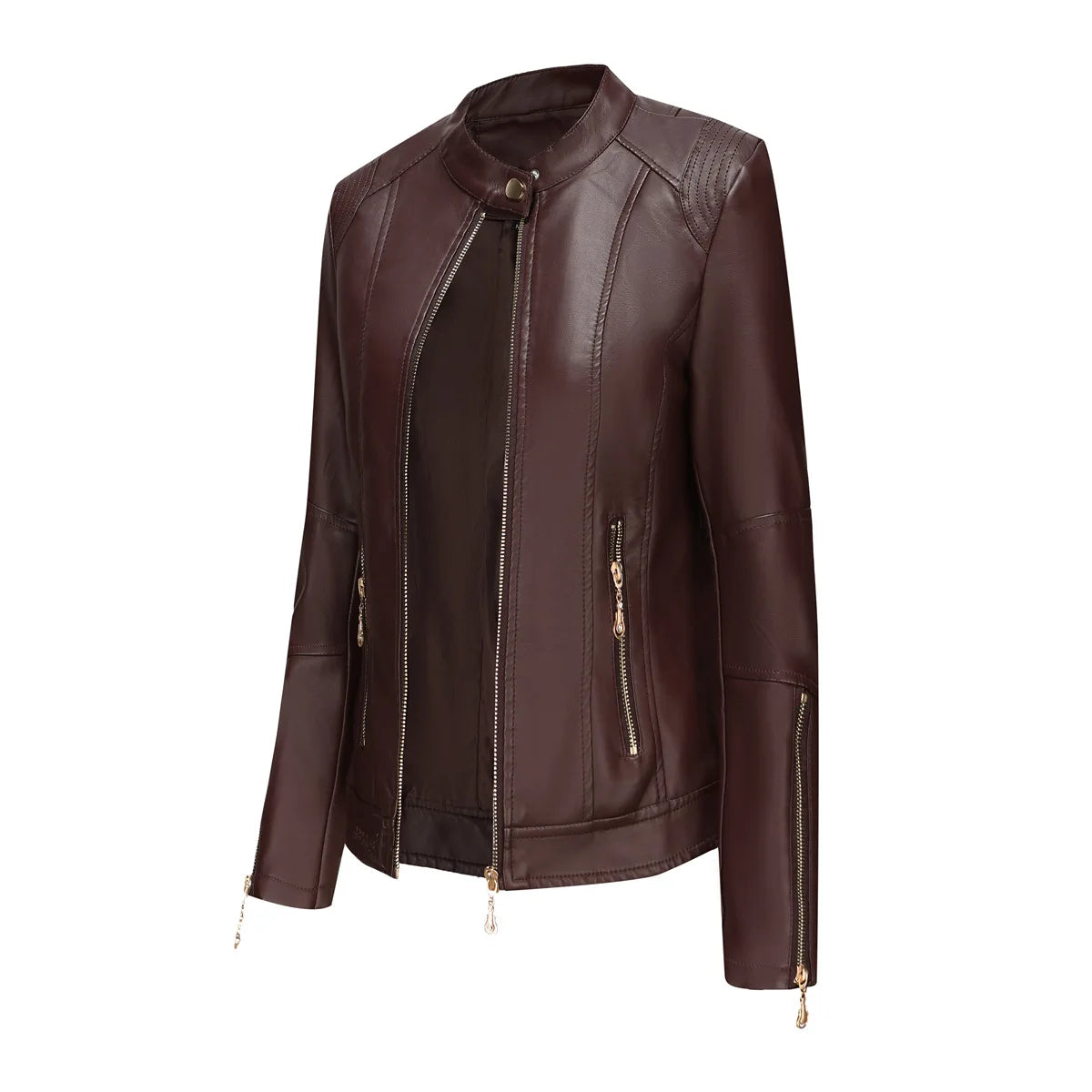 Leather Women Coat Full Sleeve Round Neck Slim Fit Solid Sexy Regular Jackets Zipper Casual Jacket