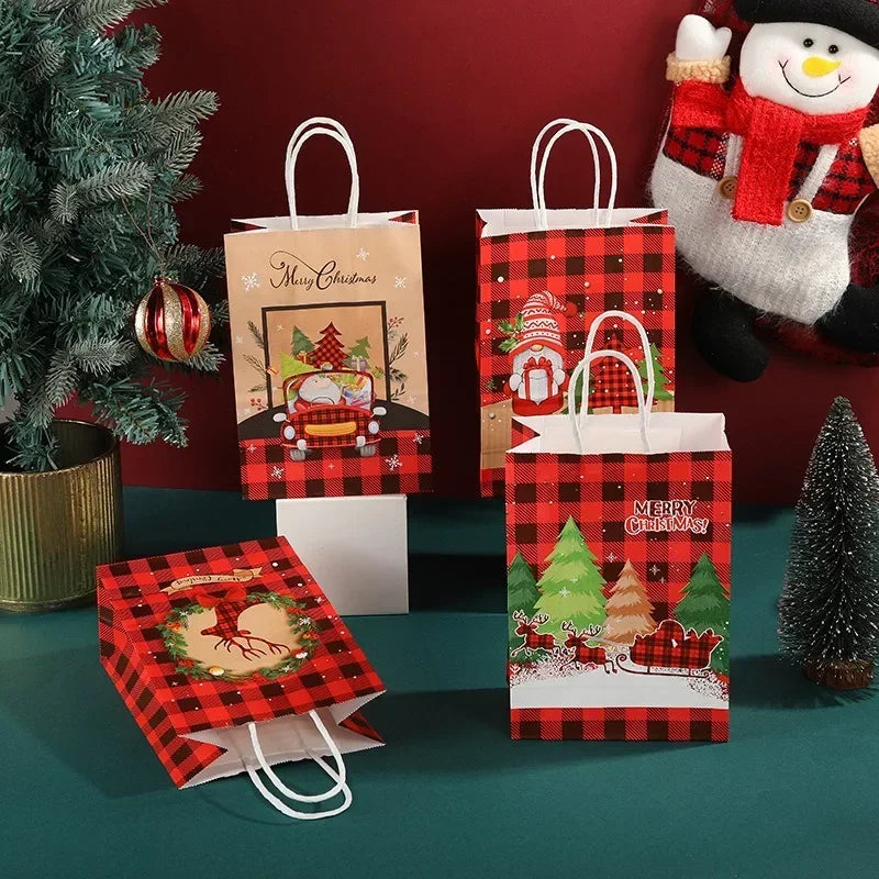 Christmas Kraft Paper Retro Grid Handheld Bag Santa Claus Gifts Box Party