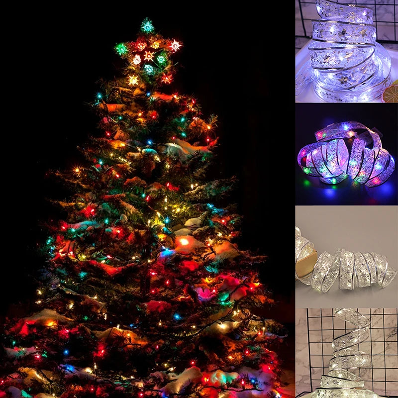 Christmas Decoration LED Ribbon Fairy Lights Christmas Tree Ornaments for Home 2023 DIY Bows Light String Navidad New Year 2024