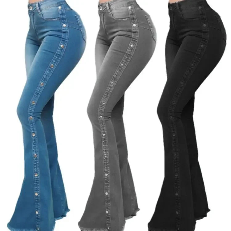 High Waist Flare Elegant Wide Leg Women Jeans Pant Long Pants Hollow Out Blue Elegant