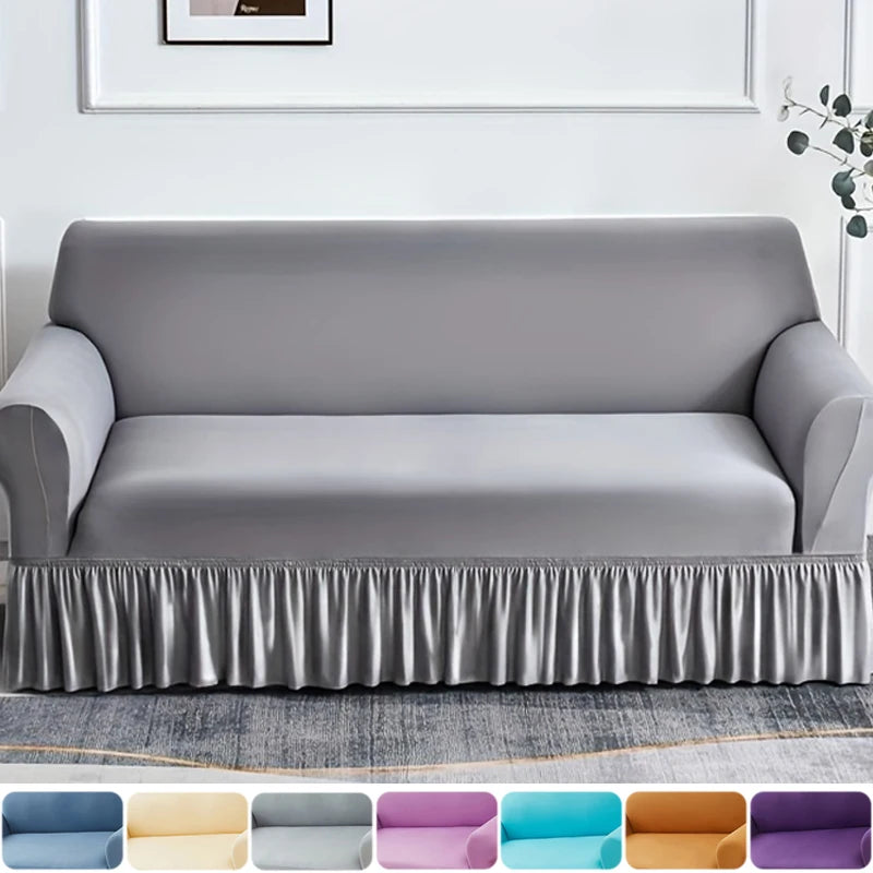 Non-slip Sofa Cover with Skirt Solid Color Couch Cover for Bedroom Office Living Room