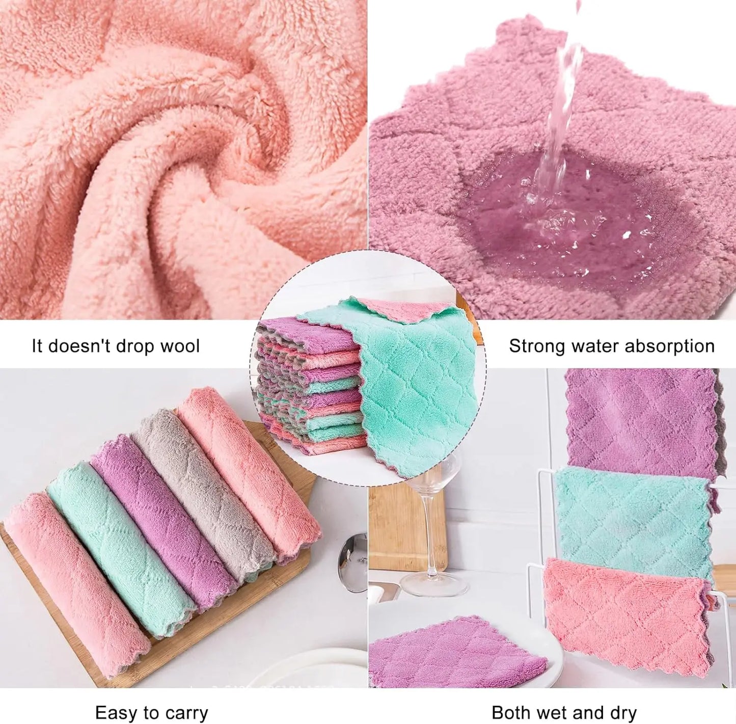 5/10pcs Kitchen Dishcloth Coral Velvet Towel Super Absorbent Wave Design Wipe Nonstick Oil Microfibre Thickened Rags Fast Drying