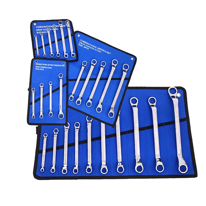 Offset Box End Wrench Set, Carbon Steel Metric 45-Degree,Long Double Ring Wrench Spanners with Rolling Pouch