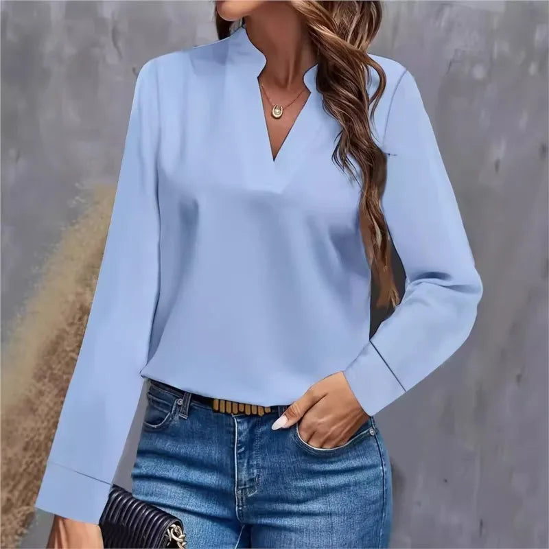 Women's Blouses Spring Long Sleeve Simple Office Lady Solid Color V-neck Loose Casual Shirt Tops For Women Clothing