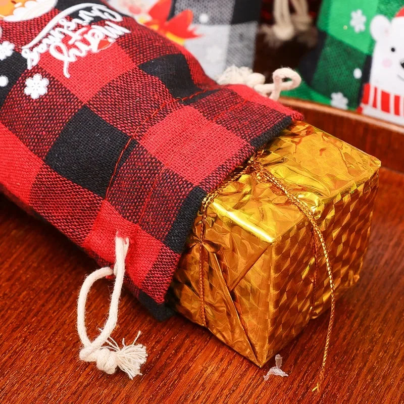 Christmas Burlap Bag Linen Xmas Gift Packaging Bags Santa Claus Snowman Drawstring Pocket Pouch Kids Favors Wrapping Box