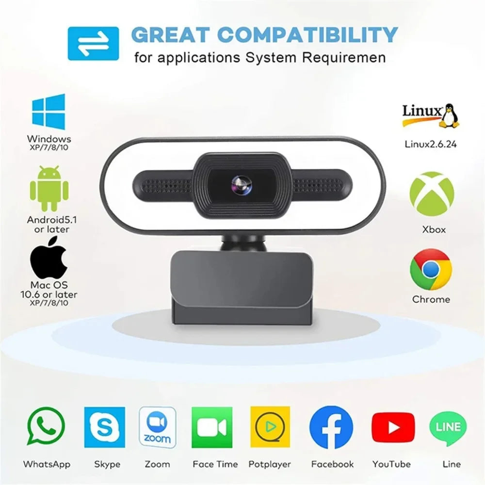 Portable Full HD 1080P 2K 4K Webcam PC Laptop Auto Focus Webcam Live Streaming Flexible with Microphone Live Broadcast with Light