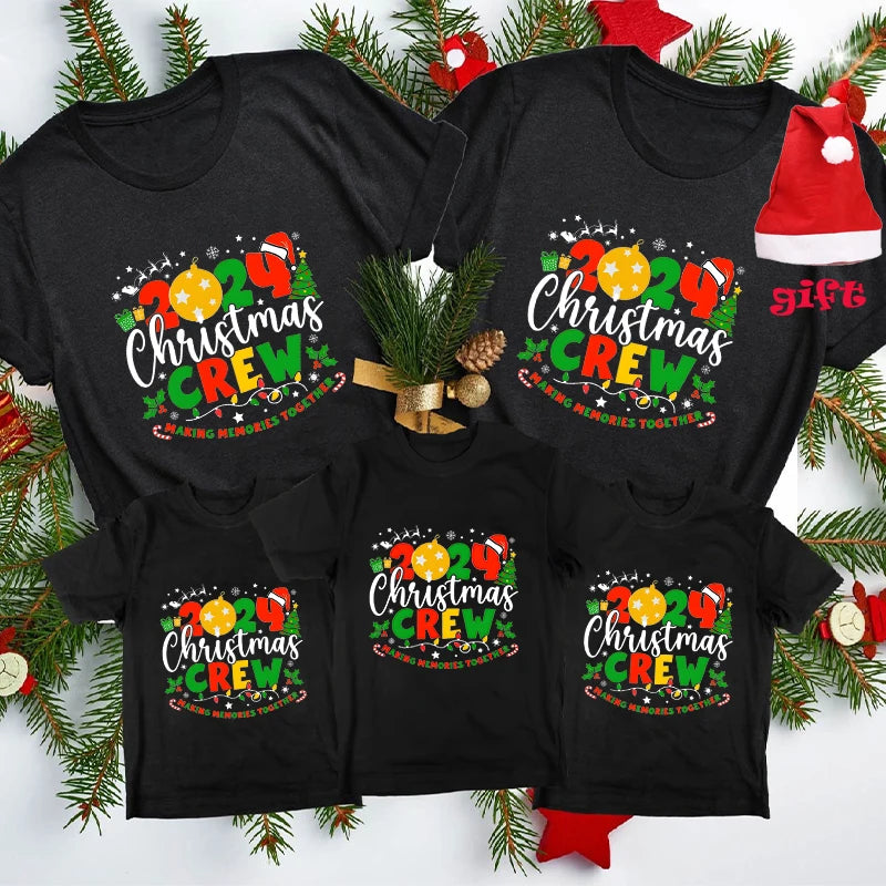 Family Christmas T-Shirt  Making Memories Together Shirts Family All Together T-shirt Xmas Crew Party T-shirt with Christmas Hat Gift