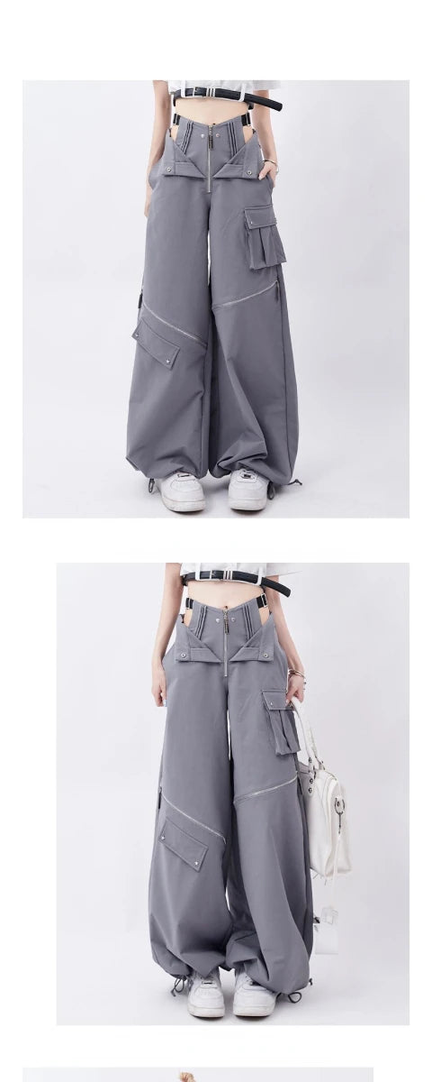 Grey Cargo pants female summer casual original retro multi zip pocket two wear design drawstring casual oversized trousers women