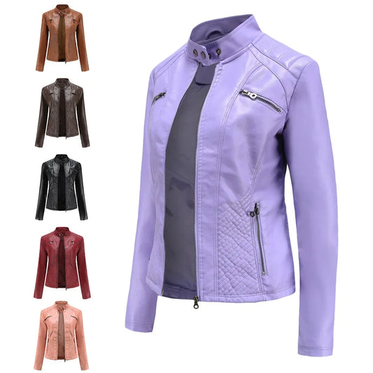 Women's Coat Fashion Trend Simple Analog Collar Zipper PU Leather Motorcycle Jacket for Women