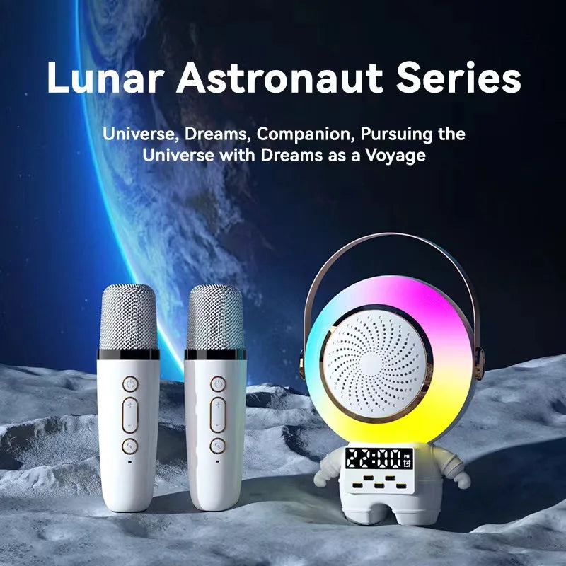 Astronaut night light sound system, small household KTV dual microphone wireless microphone, multifunctional clock speaker