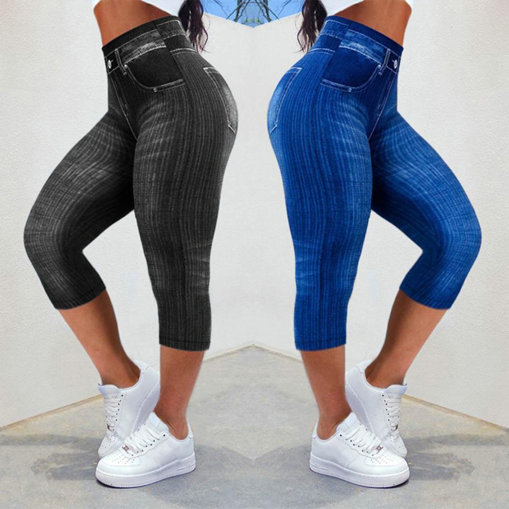 Women Cropped Pants Stretch Fitness Fake Pockets High Waist Butt-lifted Faux Denim Jeans Soft Casual Thin Pencil Pants