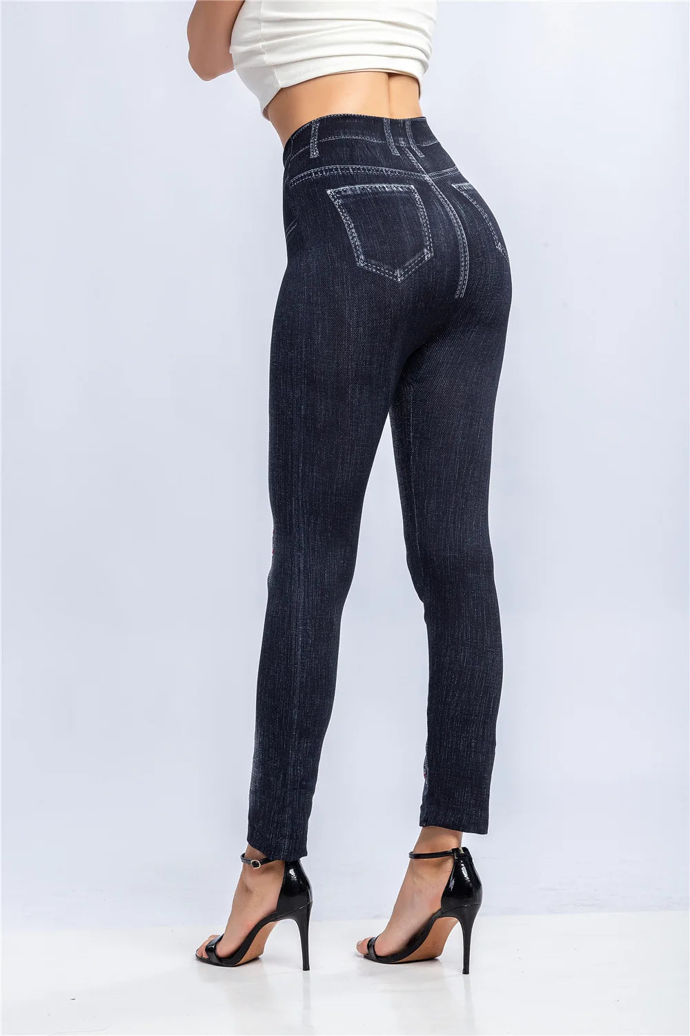 Fashion Stripe Printed Imitation Denim Leggings for Women's Elastic Slim Denim Trousers