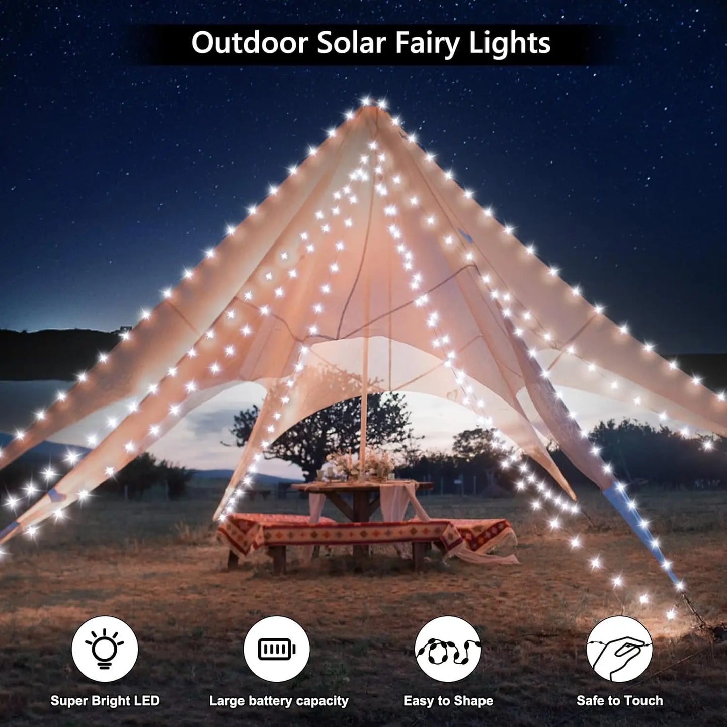 Solar String Lights Outdoor LED Waterproof Twinkle Lights Copper Wire 8 Modes Fairy Lights for Xmas Tree Garden Party Wedding