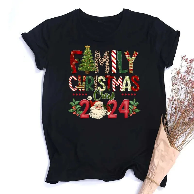 Christmas Day Set Family Christmas Crew Print Matching Outfits Short Sleeve Family Tees Shirt Outfit Holiday Casual Clothes