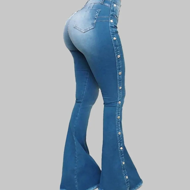 High Waist Flare Elegant Wide Leg Women Jeans Pant Long Pants Hollow Out Blue Elegant