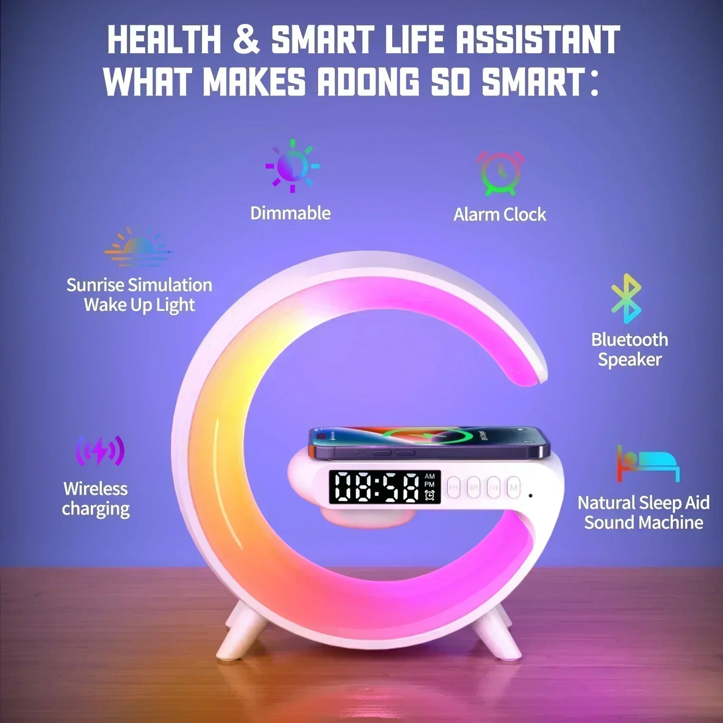 Wireless Charger Pad Stand Bluetooth Speaker LED RGB Night Lights Lamp Alarm Clock Fast Charging Station Dock for iPhone Samsung