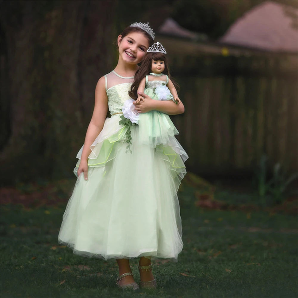 Halloween Children Tiana Cosplay Costume Girls Party Green Tulle Gowns Flower Princess Dresses