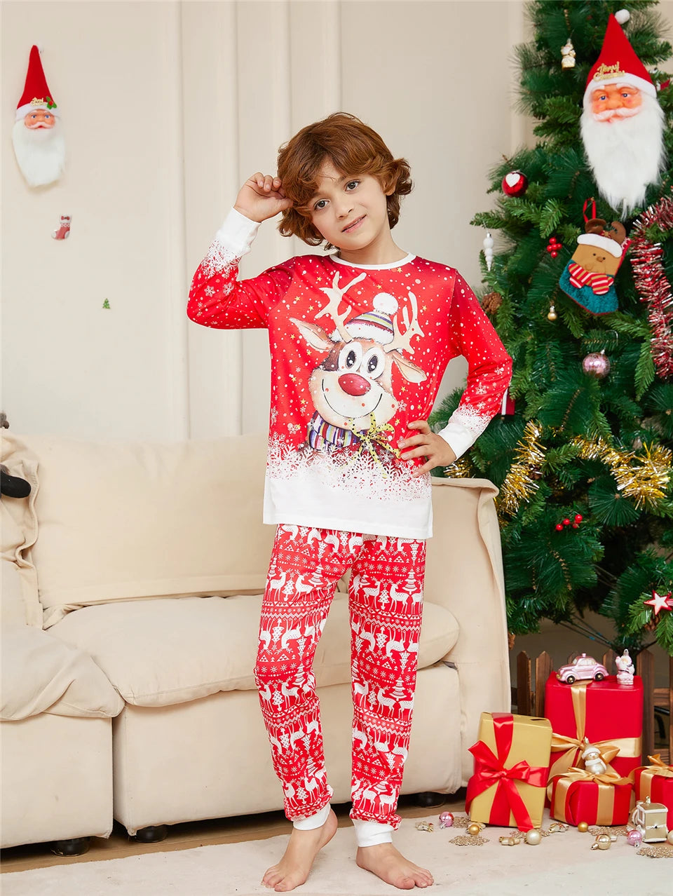 Xmas Pajamas for the Family Set Red Cartoon Elk Print Sleepwear