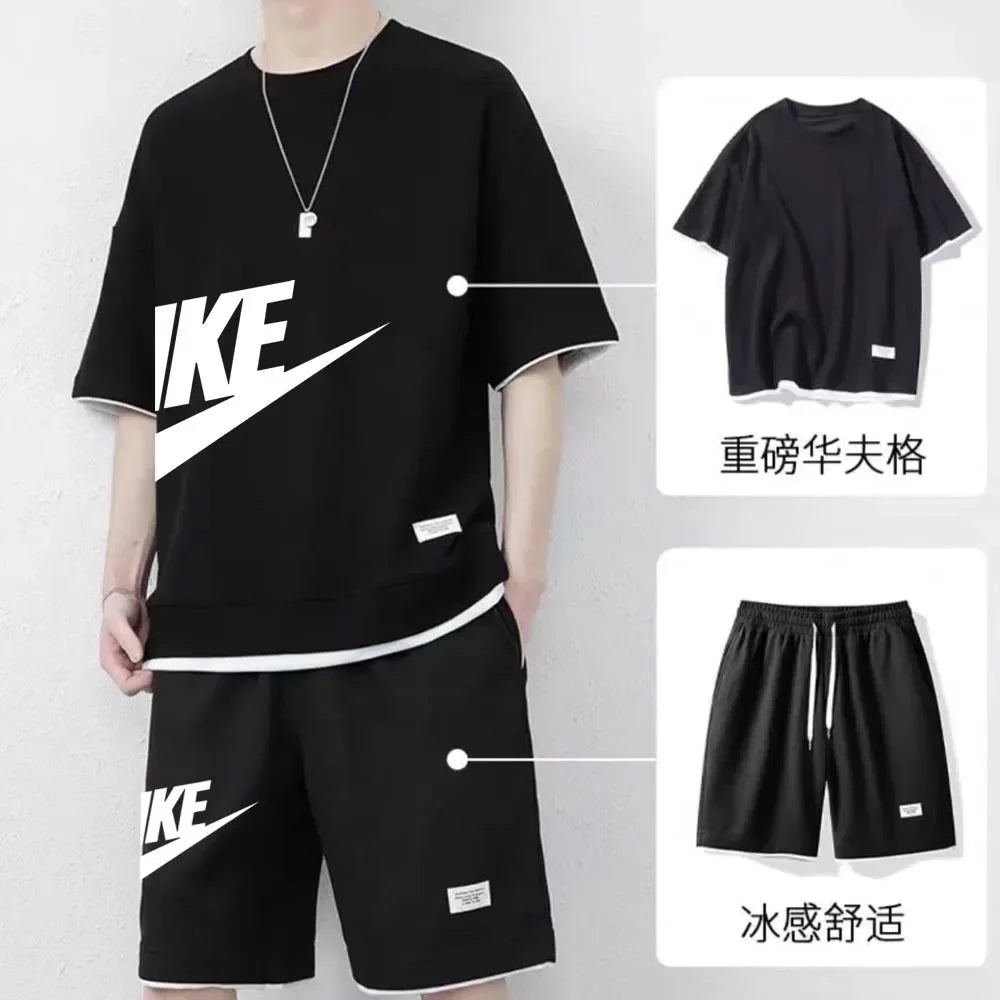 Men's summer casual two-piece tracksuit Short sleeve + sports shorts suit Fitness jogging men's track suit