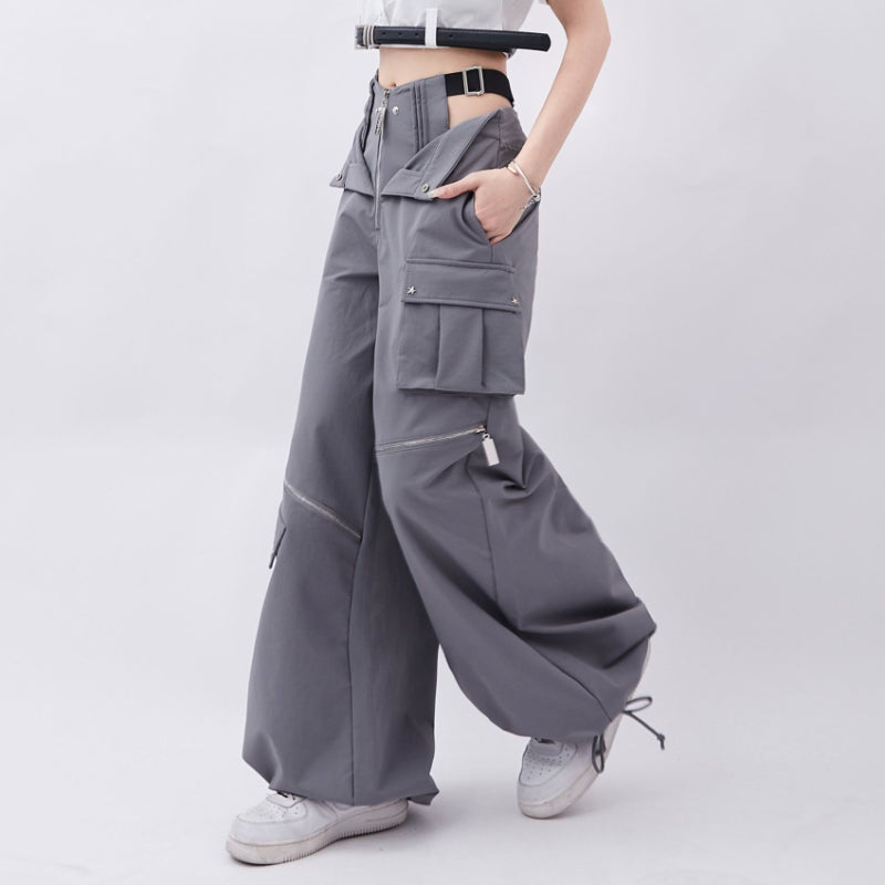 Grey Cargo pants female summer casual original retro multi zip pocket two wear design drawstring casual oversized trousers women