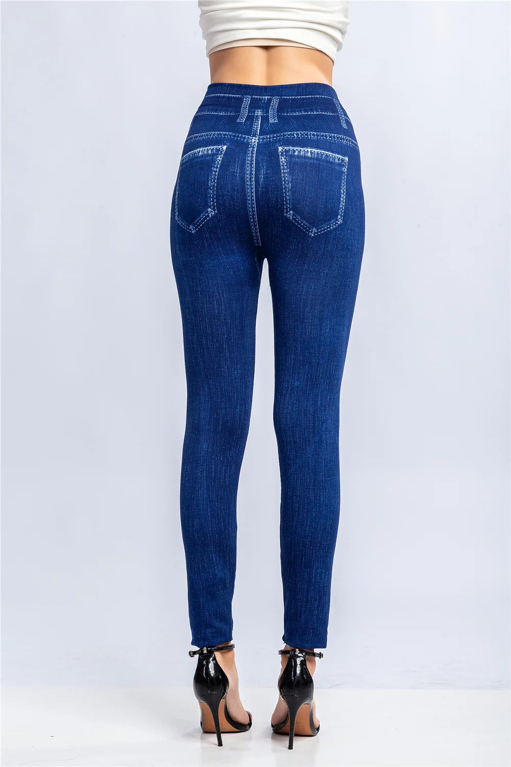 Fashion Stripe Printed Imitation Denim Leggings for Women's Elastic Slim Denim Trousers