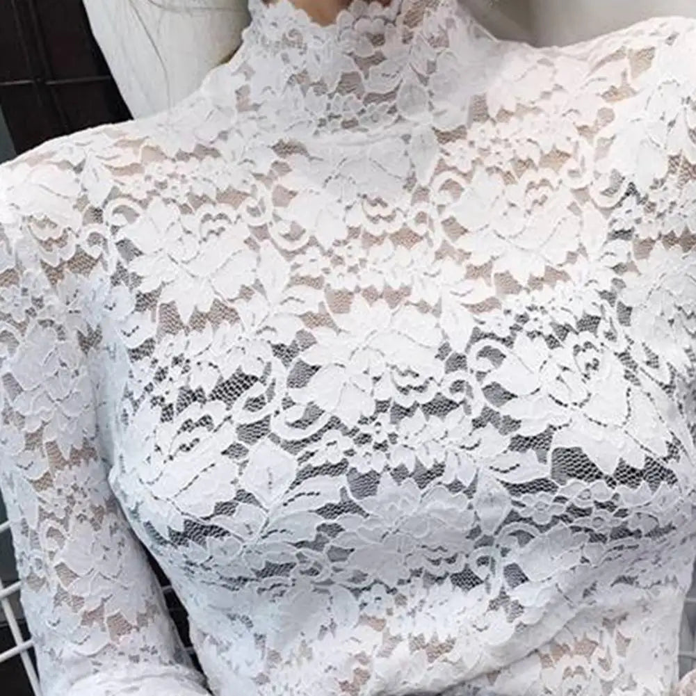 Half High Collar Lace Women Blouse Long Sleeves See-Through Sexy Lace Blouse Women Elegant  Crochet Hollow Floral Blouse Shirt