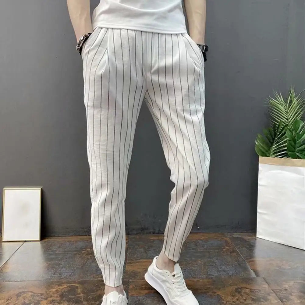 Men Harem Pants Striped Drawstring Elastic Waist Slim Fit Streetwear