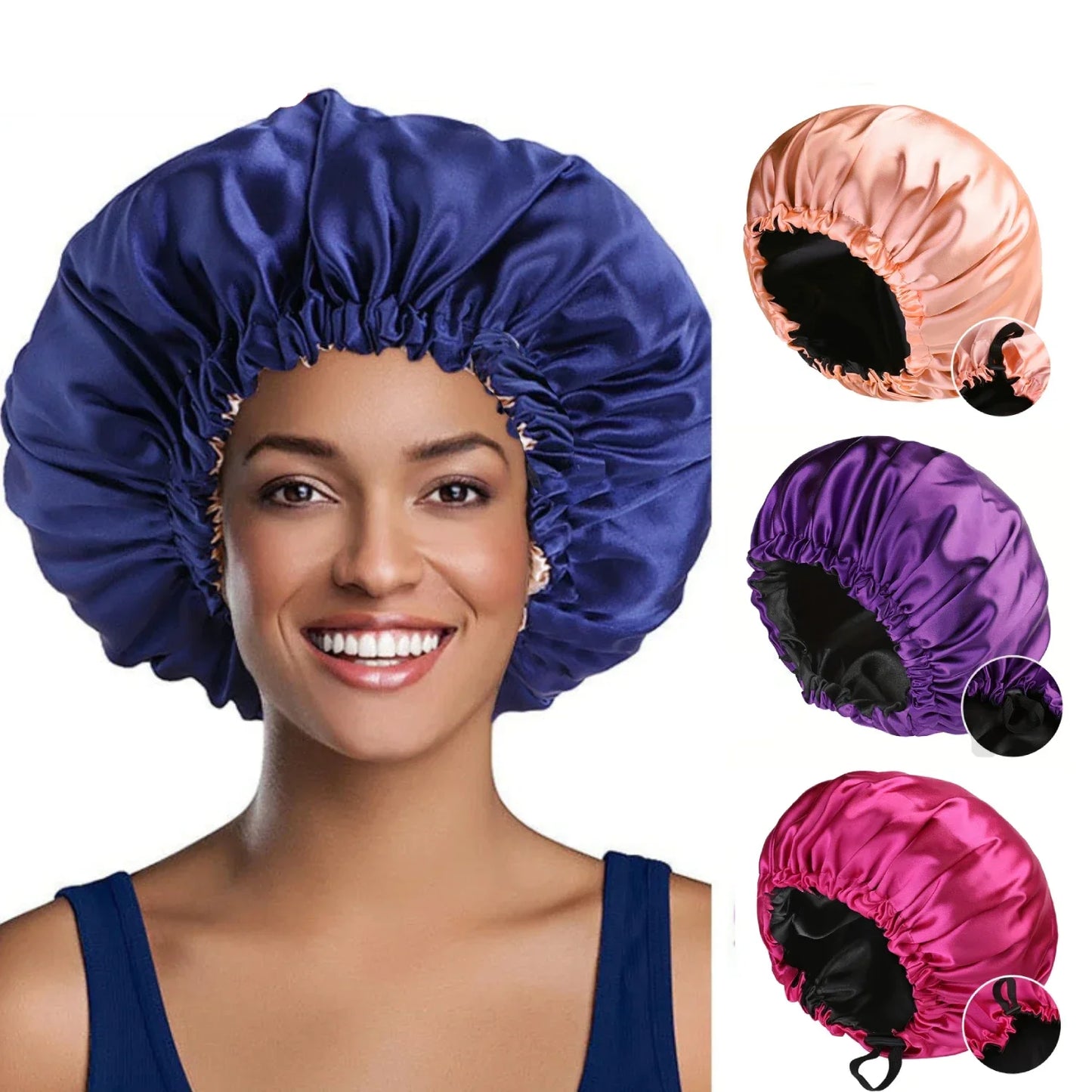 Fashionable Bonnet Solid Color Silky Satin Fabric Elastic Button Double Layer Sleep Hair Hat Women's Aily Home Casual Sleep Hat