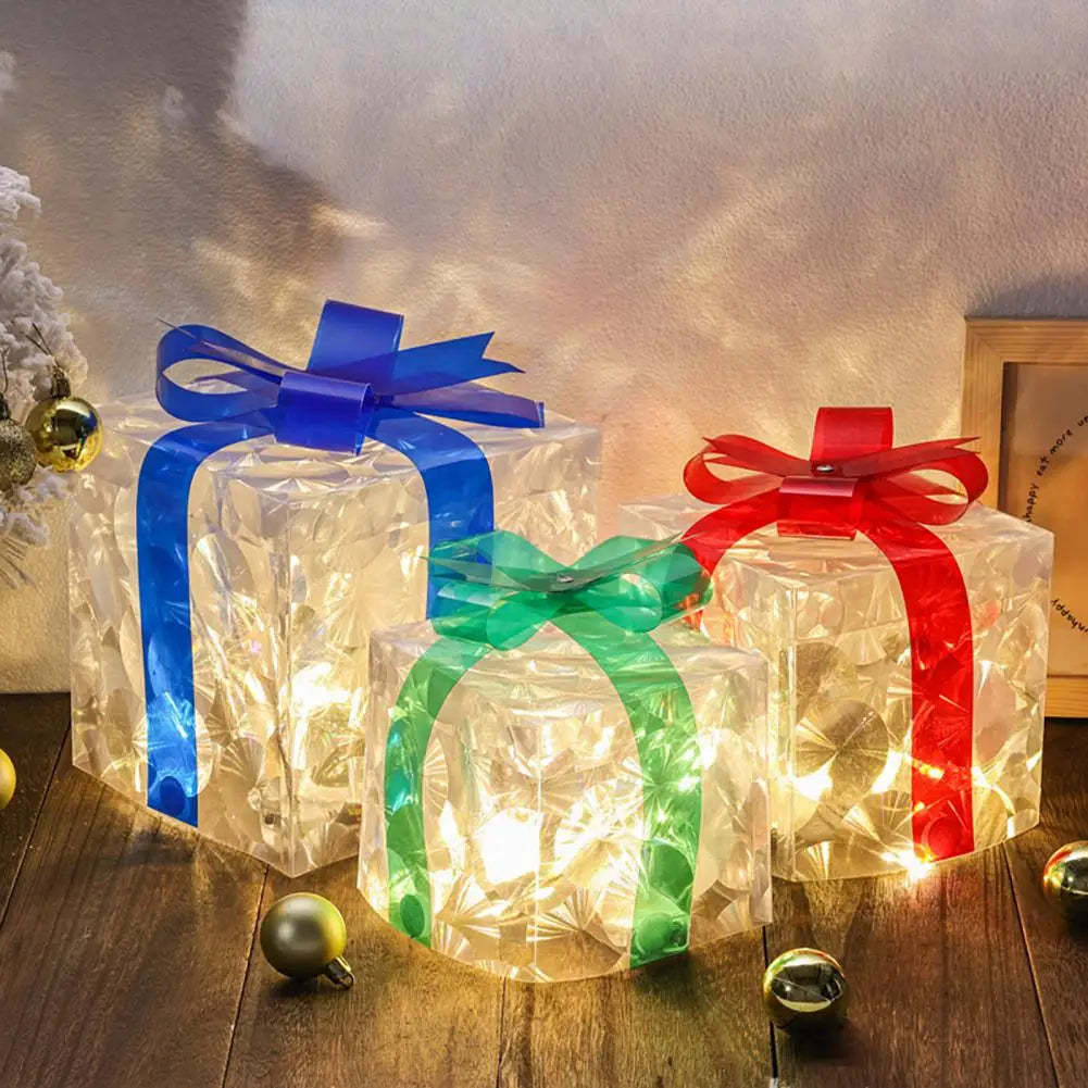 LED Lighted Christmas Gift Boxes Reusable Light Up Cube Present Box with Bow Top Xmas Festive Atmosphere Decor