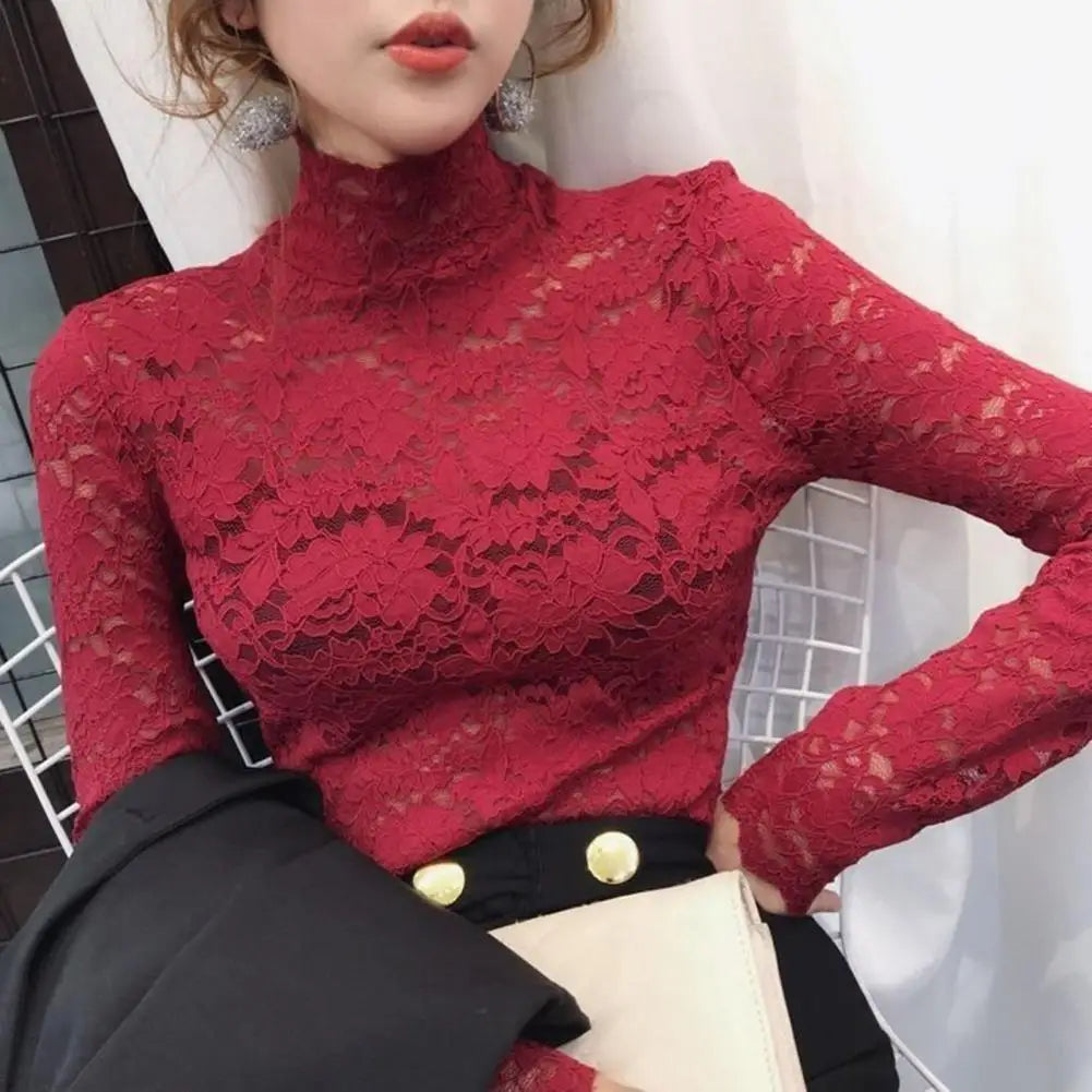 Half High Collar Lace Women Blouse Long Sleeves See-Through Sexy Lace Blouse Women Elegant  Crochet Hollow Floral Blouse Shirt