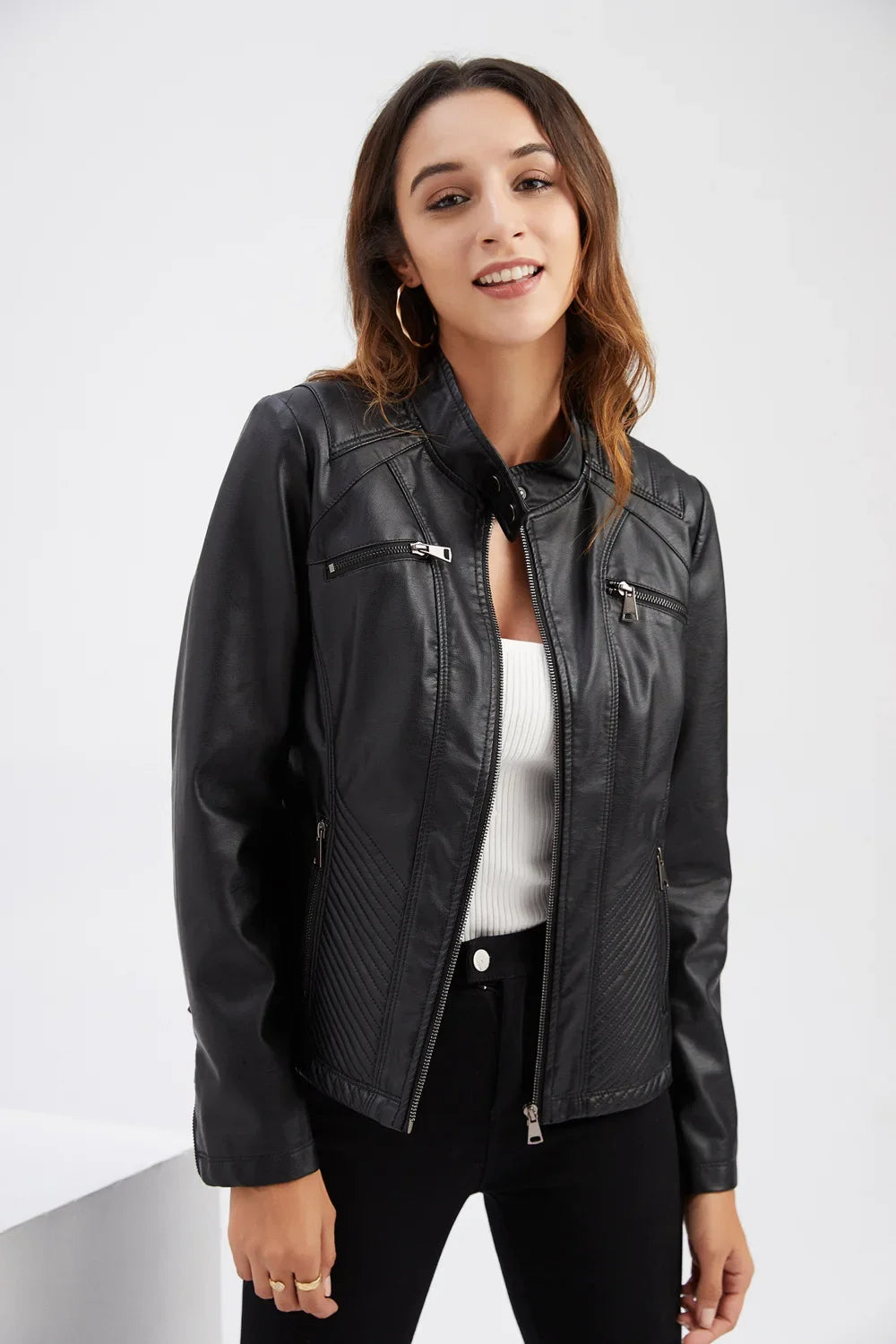 Women's Coat Fashion Trend Simple Analog Collar Zipper PU Leather Motorcycle Jacket for Women