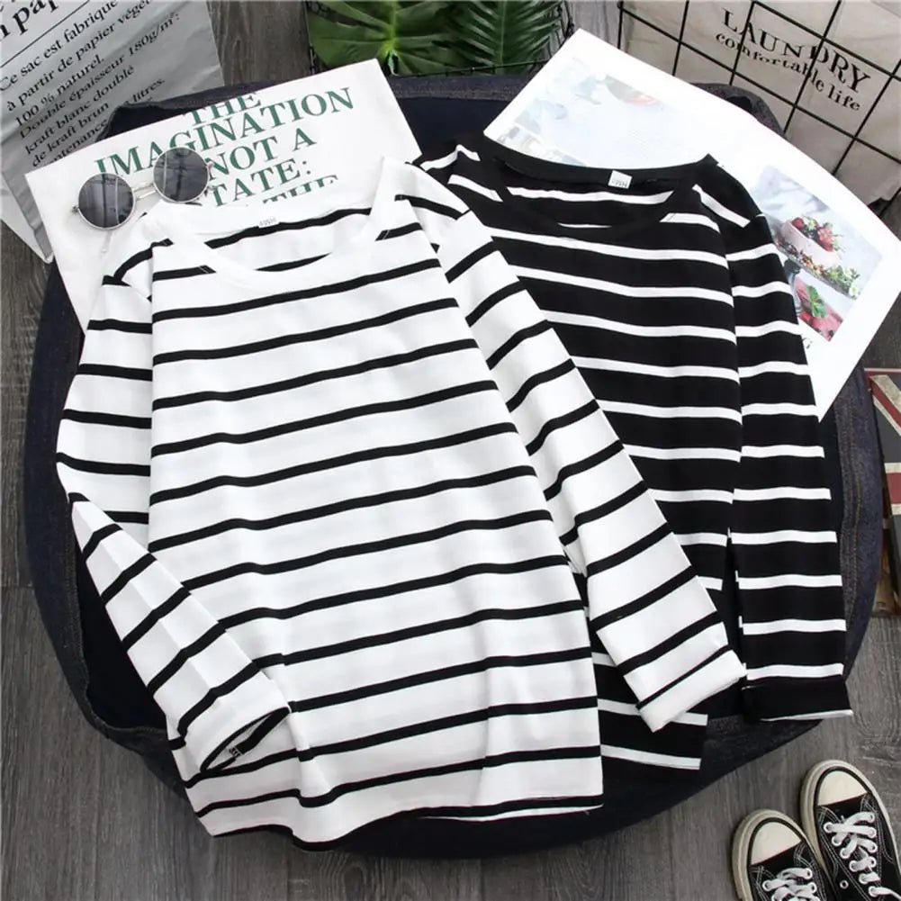 Long Sleeve Blouse Bottoming Shirt Sweat Absorbing O-Neck Anti Pilling Classic Striped Print Korean Style Pullover Blouse Tee Shirt Stretchy