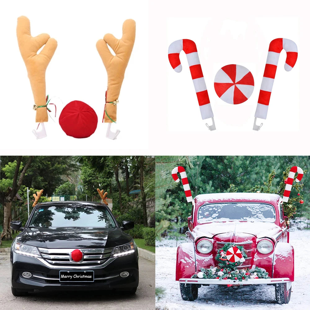 Christmas Reindeer Car Vehicle Nose Horn Costume Set Rudolf Xmas Reindeer Antlers Red Nose Ornaments Elk Car Decoration Kit