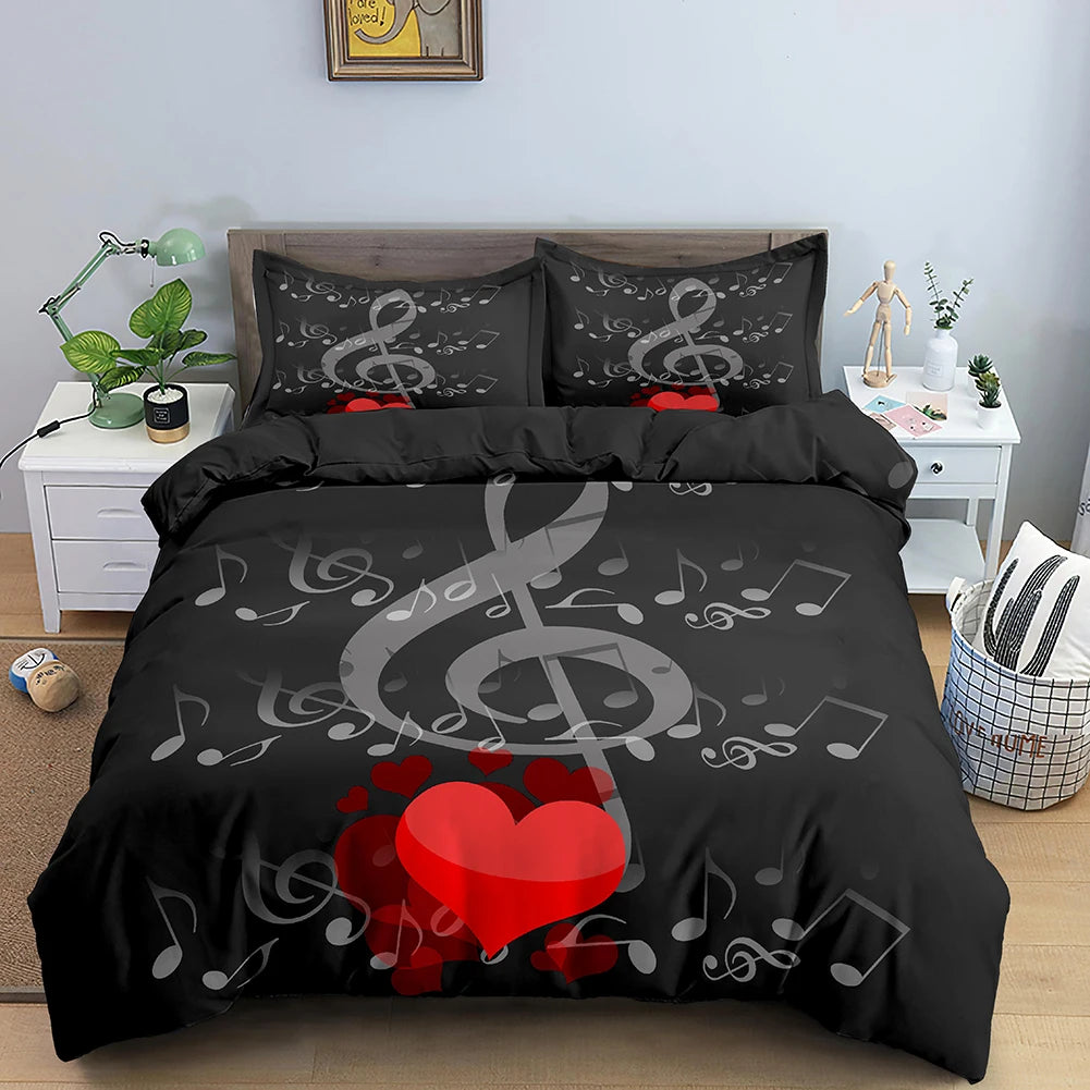 Beautiful Musical Note Bed Sheet Cover Set 3pcs Music Theme Quilt Cover King/Queen Size With Pillowcase Fashionable Psychedelic Soft Duvet Cover