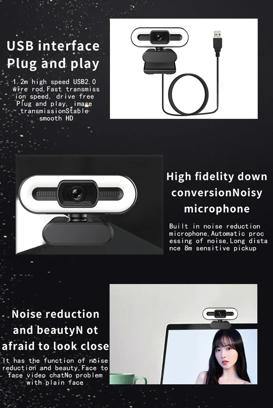 Portable Full HD 1080P 2K 4K Webcam PC Laptop Auto Focus Webcam Live Streaming Flexible with Microphone Live Broadcast with Light