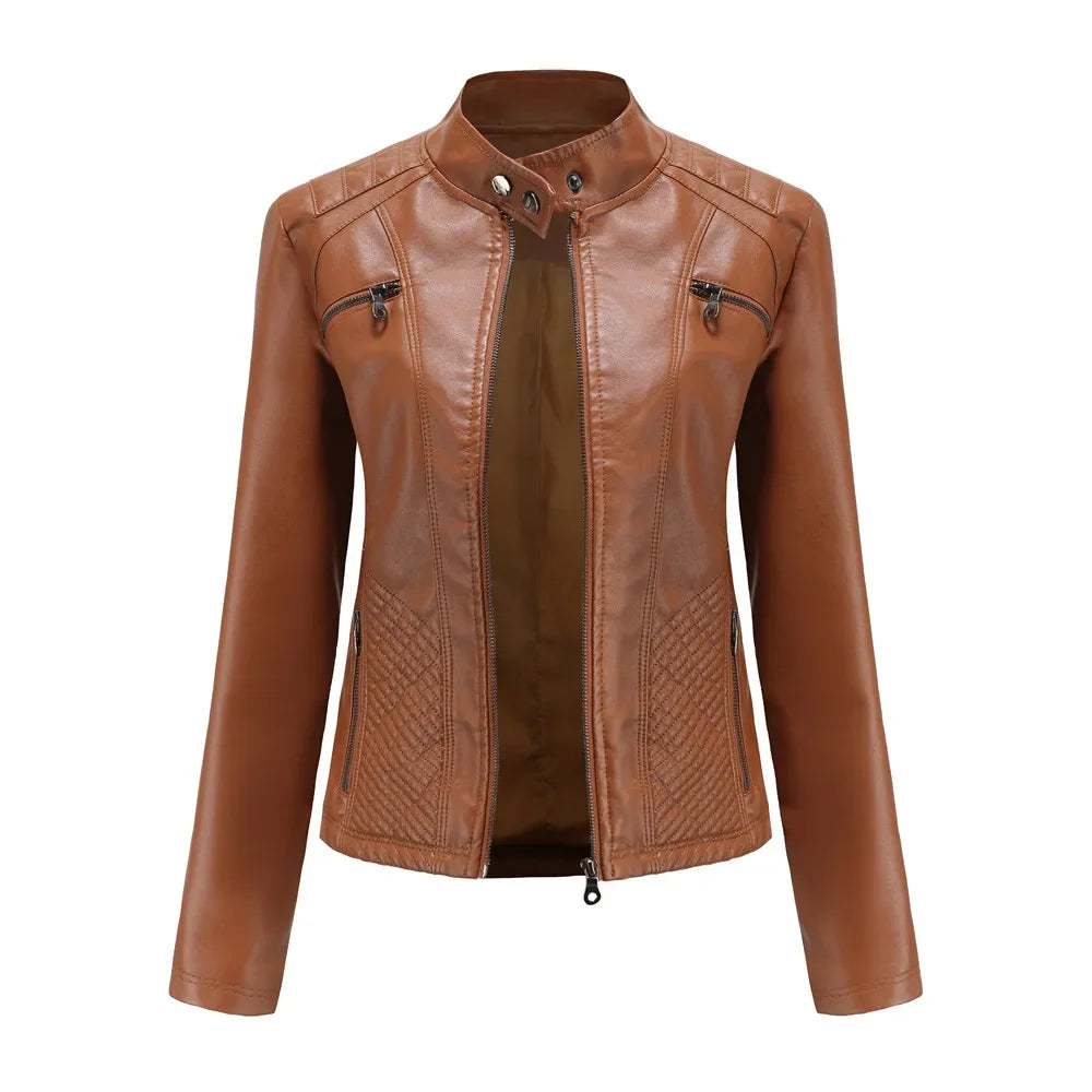 Women's Coat Fashion Trend Simple Analog Collar Zipper PU Leather Motorcycle Jacket for Women