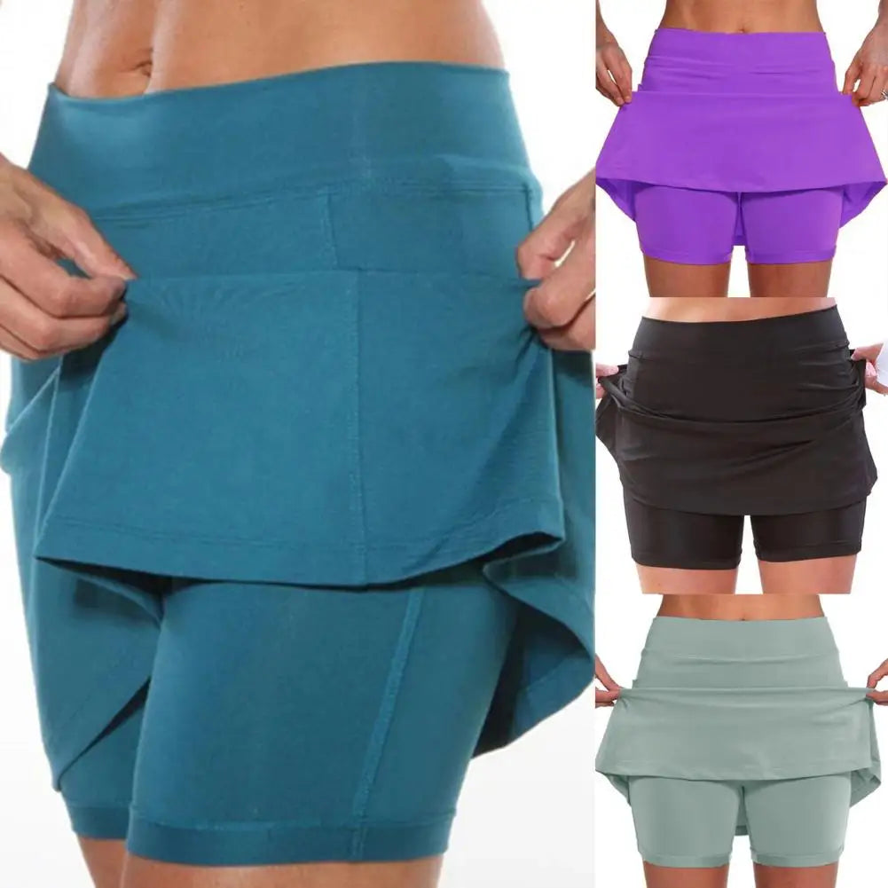 Athletic Shorts Skirt Trendy Side Pockets Double-Layer Women Fitness Shorts Skirt  Wrinkle Resistant Leggings Skirt