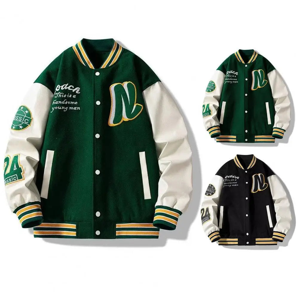 Men Baseball Jacket Men's Stand Collar Striped Letter Pattern Cardigan Baseball Coat