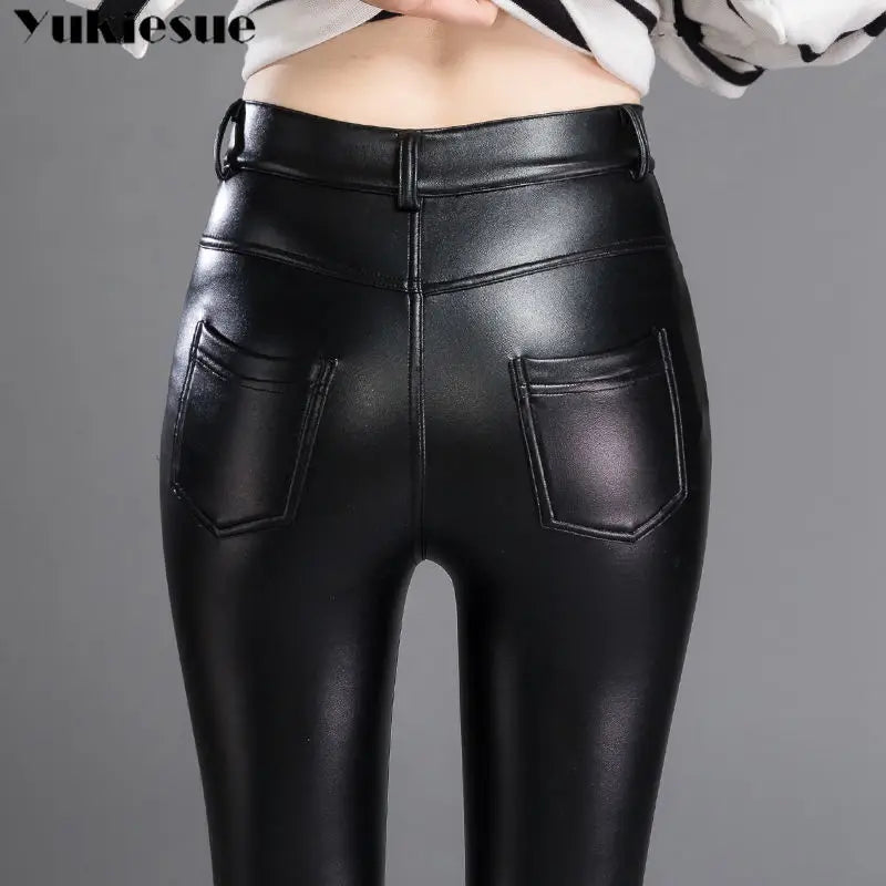 Autumn Winter women leather pants High elastic shiny trousers slim female pencil leather pants women