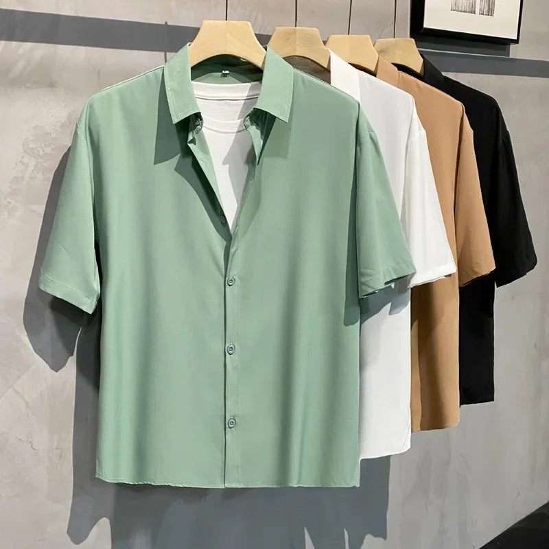 Elegant Vintage Draped Green White Shirt Men Women's Short Sleeves Casual No Ironing Required