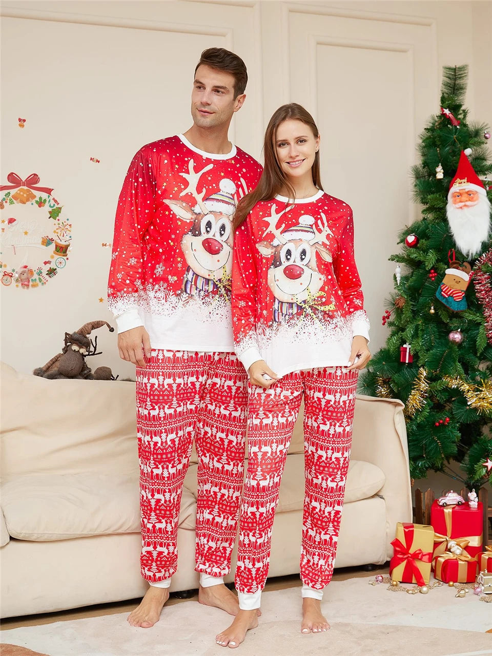 Xmas Pajamas for the Family Set Red Cartoon Elk Print Sleepwear